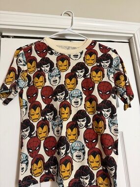 Marvel Kids Cream Superhero Face-Print Shirt with Red, Yellow & Blue